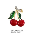 Detail view of red cherry brooch with crystal leaves including size and weight specs - Large Cherry with Rhinestone Leaves-XD824179