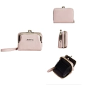Pink lychee texture mini wallet with metal frame and accordion card slots for women - Pink