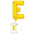 Golden foil balloon in letter E shape with 16-inch size option and retail packaging - Letter E / Gold