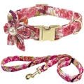 Pink floral pet collar and leash set with gold metal buckle and pearl flower charm - 3-Piece Set(Flower+Collar+Leash) / Size XS(19-28cm) / Rose Red Floral