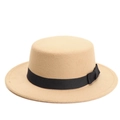 Chapeau canotier en feutre de laine camel avec ruban gros-grain noir et un noeud - 57cm (Cordon Réglable) / Camel
