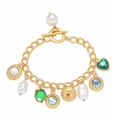 Bracciale vintage dorato con perla, gemme verdi, ciondolo a conchiglia e chiusura a levetta - Stile a Catena Spessa Retrò Multi-Elemento (DNXB04112)