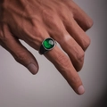 Vintage silver titanium steel ring featuring a large cabochon dark green gemstone - US-8 / Steel-Green Amber
