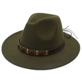 Detail of dark green fedora hat featuring brown leather band with metallic shell accents - Army Green