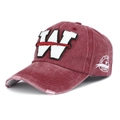 Close-up of distressed brim and W-letter embroidery on burgundy washed cotton baseball cap - One Size Adjustable / Burgundy