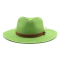 Detail of green straw Panama hat featuring a brown leather band and metallic buckle - M(56-58cm) / Grass Green