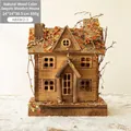 Rustic wooden Christmas house with orange sequins and snow decor, size 24x14x30.5 cm - Natural Wood Sequin House