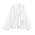 Elegant white lace long sleeve blouse with stylish bow tie collar and floral pattern - XS / White