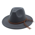 Detail of dark grey wool fedora hat featuring a brown braided band and side tassel accents - M (56-58cm) / Dark Gray