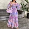 Elegant off-shoulder long sleeve maxi dress with purple floral print and puff sleeves - S / Violet