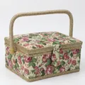 Floral fabric sewing basket with golden woven handle and snap closure on white background - A Style - Pastoral Rose