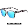 Fashion square polarized sunglasses with ice blue mirror lenses and graffiti frame - Transparent Tea Flowers / Ice Blue Mirror Lens