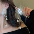 Elegant silver butterfly tassel earrings with white feathers and pearl drops - Silver (925 Sterling Silver Earring Post)