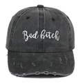 Vintage dark grey washed baseball cap with Bad Bitch embroidery and distressed details - Distressed Black