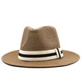 Classic brown woven straw fedora hat with striped band for sun protection and beach fashion - M(56-58cm) / Coffee