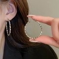 Minimalist silver oval hoop earrings with diamond-cut faceted texture for women - Faceted Texture Silver Large Hoop Style (71#)