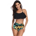 Two-piece bikini with black ruffled halter top and high-waisted tropical leaf print bottoms - L / Yellow Leaf Double Ruffle