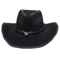 Classic black woven western cowboy straw hat with colorful tribal band and bull head ornament - Bull Head Metal Decor/Gradient Brim / Black (with Wind Rope)