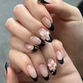 Minimalist black French press-on nails featuring 3D white floral art and nude base - French Black 3D Flower Style (JL0674)