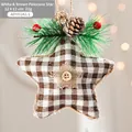 Christmas star ornament with white brown plaid fabric pine cone and red berries 12x12cm - Brown and White Plaid