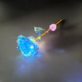 Luminous colorful foil rose with blue glow, golden stem and pink heart charm - Colorful Gold Blue + Heart Light