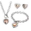 Silver stainless steel jewelry set with heart-shaped pink crystals and OT toggle clasp - Silver 3-Piece Set - Pink Gem (KS193456-Z)