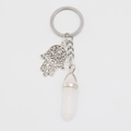Hamsa Hand keychain featuring a white hexagonal natural crystal pillar in silver finish - White Jade