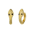 Detailed view of snake head huggie earrings in gold finish with black gemstone eyes - 925 Silver Snake Head Huggie Earrings / KC Gold (DZ-901)