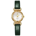 Elegante Damen Quarzuhr mit weißem Zifferblatt, Goldgehäuse und dunkelgrünem Lederband - Grün