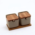 Ceramic seasoning jar set in beige with bamboo lids, spoons and a matching tray - Type B Square Ceramic Jar 2-Piece Set