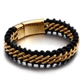 Geflochtenes Lederarmband für Herren mit goldener Edelstahlkette und Magnetverschluss - Gold (KB62902-BD)