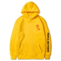 Detail of yellow hoodie with rose print and People Are Poison sleeve text - Yellow 345