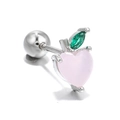 Pink heart zircon peach fruit stud earring with green leaf and screw back ball - Silver Peach