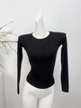Close-up detail of black ribbed long-sleeve slim fit top showing high-quality fabric texture - XS / Crew Neck / Black
