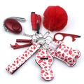 Red personal safety keychain set with alarm, plush ball, and lip print fabric accessories - Red Lips (Style 16)