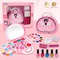Washable kids makeup kit in pink bow handbag with rotating eyeshadow palette and nail set - Luxury Style Quilted Makeup Bag