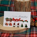 Christmas stud earring set featuring enamel gift box, reindeer, and tree designs - Style C (6 Pairs Set - Gift Box/Gingerbread House/Wreath)