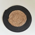 Round woven cotton linen placemat in natural straw color with a wide black woven border - Round 30cm / Black