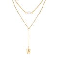 Gold double-layered necklace with white pearl and capital letter W pendant in Y-shape - Letter W Style (NC-1930G-W)