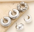 Set of minimalist silver plated oval hollow clip earrings and ear cuffs on stone - Silver Multiple Earring Set (12) / White K / Silver