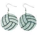 Detailed close-up of silver glitter volleyball earrings with metallic ear hooks - Silver Glitter Volleyball