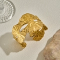 Luxurious gold-plated stainless steel wide cuff bracelet with ginkgo leaf texture - Gold Leaf Texture