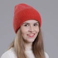 Women's warm red knit rabbit fur beanie with vertical stripes and wide cuffed brim - Orange Red