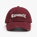 Distressed dark red baseball cap with white Chromatic embroidery and frayed brim detail - Adjustable / Burgundy