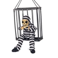 Halloween hanging skeleton prisoner in black and white striped outfit inside plastic cage - Classic Striped Prisoner
