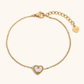 18K gold plated heart pendant bracelet with white mother of pearl inlay on white background - Gold Single Shell Heart Bracelet