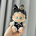 Labubu doll in black lace romper and matching headpiece with golden star badge - Ink Loves The Stars / First And Second Generation Keychains Are Compatible With La Cloth Dolls. Dolls Not Included.