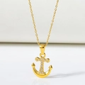 Gold plated titanium steel anchor pendant necklace with white cubic zirconia accents - Titanium Steel/Zircon / Gold Hollow Anchor-N0139G