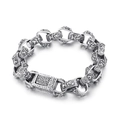 Retro leeuwenkop titanium stalen armband met gehamerde doos-sluiting in antieke zilverlook - Leeuwenkopreliëfstijl (KB166083-KJX)