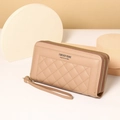 Detail of beige double zipper long wallet with diamond lattice stitching and wrist strap - Khaki